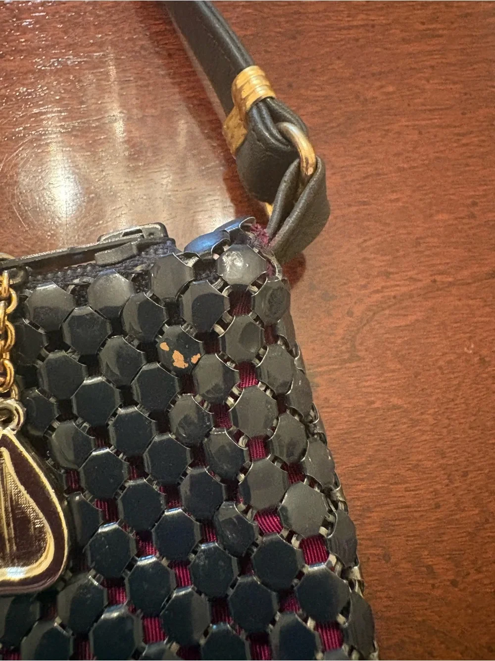 Whiting and Davis Navy Blue Metal Mesh with Leather Strap Crossbody Shoulder Bag